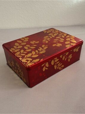 Large Red Rectangular Tin Canister with Gold Leaves Decoration